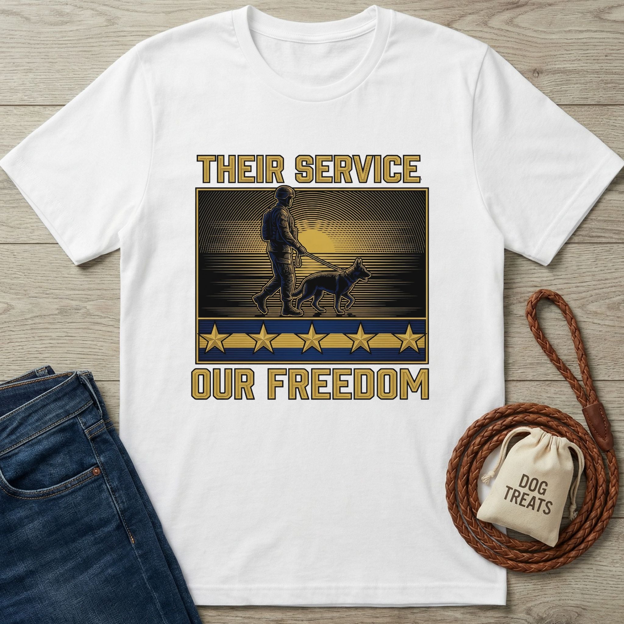 White Gildan Softstyle t-shirt with "Their Service Our Freedom" graphic featuring a soldier and dog.