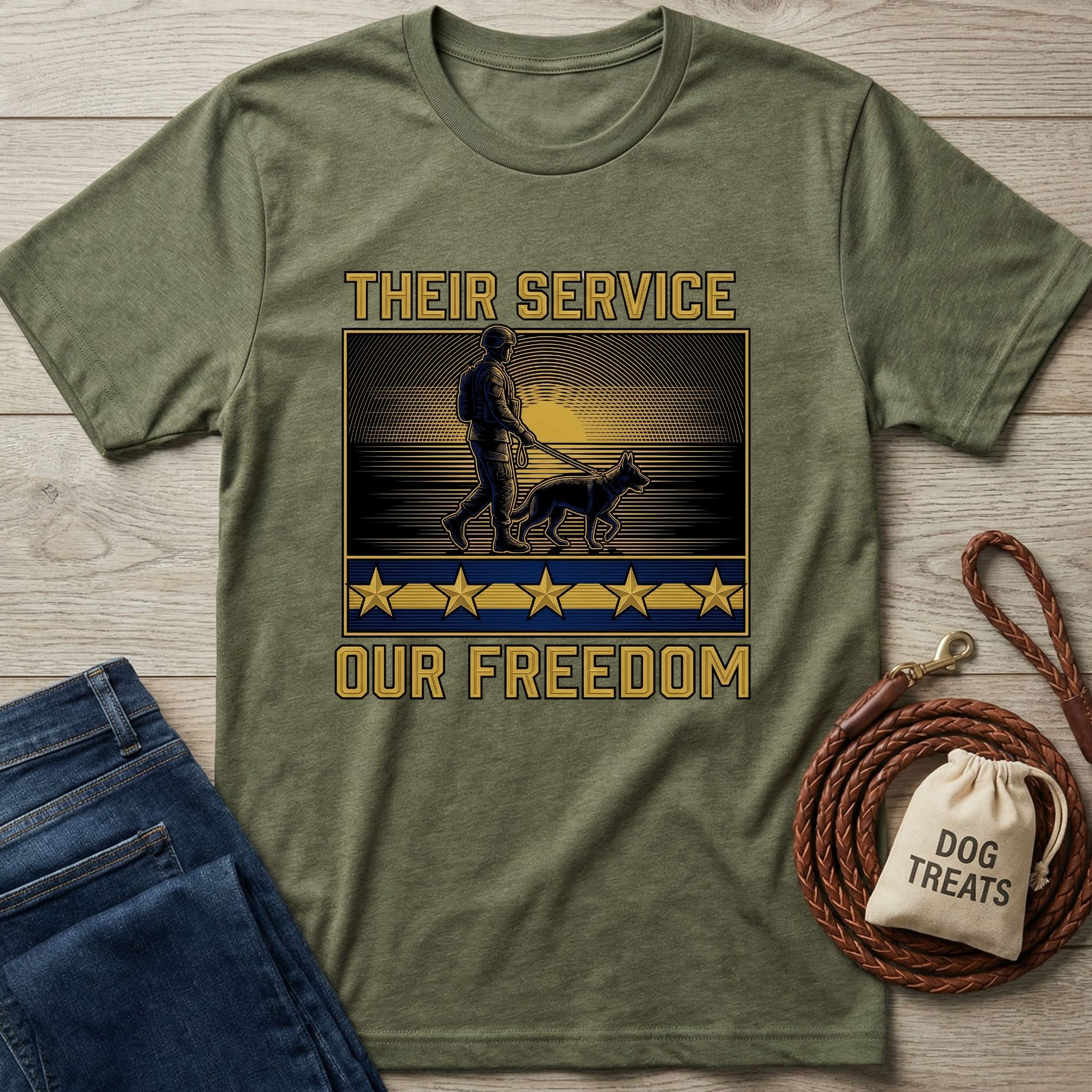 Olive green Gildan Softstyle t-shirt with "Their Service Our Freedom" text and a soldier walking a dog design.