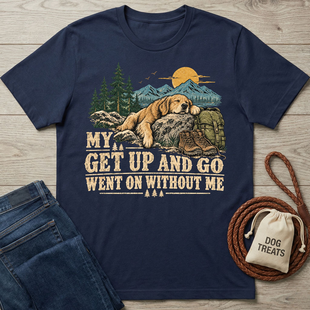 Navy blue cotton t-shirt featuring a sleeping golden retriever graphic with hiking boots, mountains, and funny text.