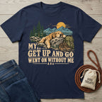 Navy blue cotton t-shirt featuring a sleeping golden retriever graphic with hiking boots, mountains, and funny text.