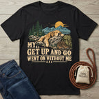 Black cotton t-shirt featuring a sleeping dog, hiking gear, and the text My Get Up And Go Went On Without Me.