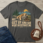 Charcoal gray crewneck t-shirt featuring a sleeping dog, mountain landscape, and the text My Get Up And Go Went On Without Me.