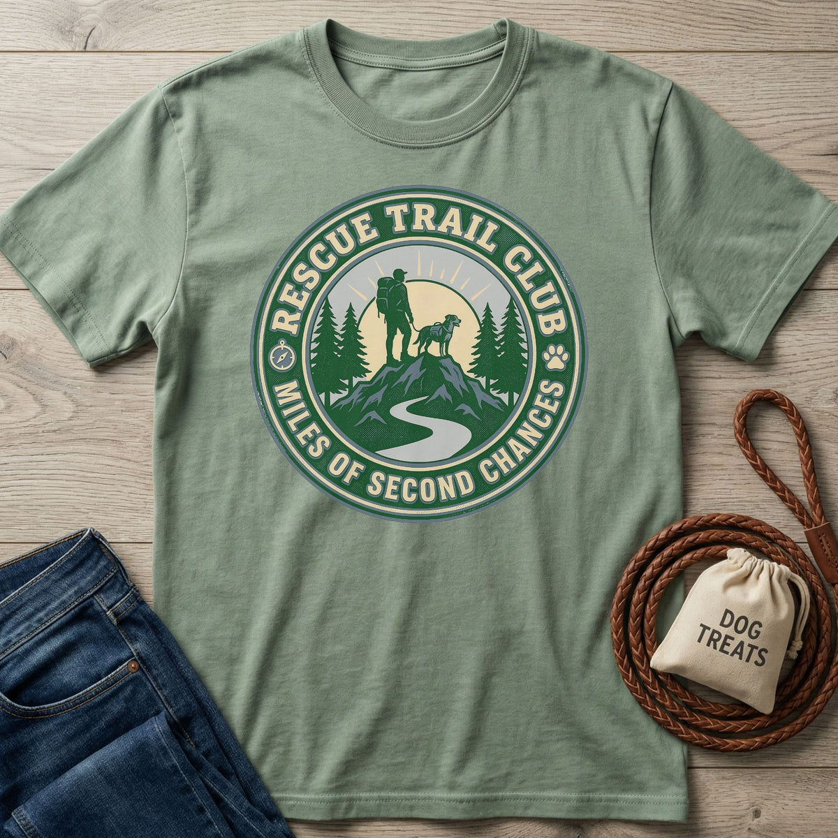 Sage green Rescue Trail Club T-shirt with a graphic of a hiker and dog on a mountain, next to jeans and dog treats.