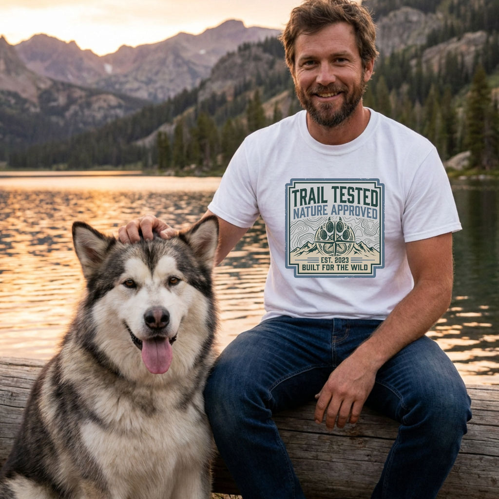 Man in a white "Trail Tested Nature Approved" graphic tee with a rescue dog by a lake at sunset.