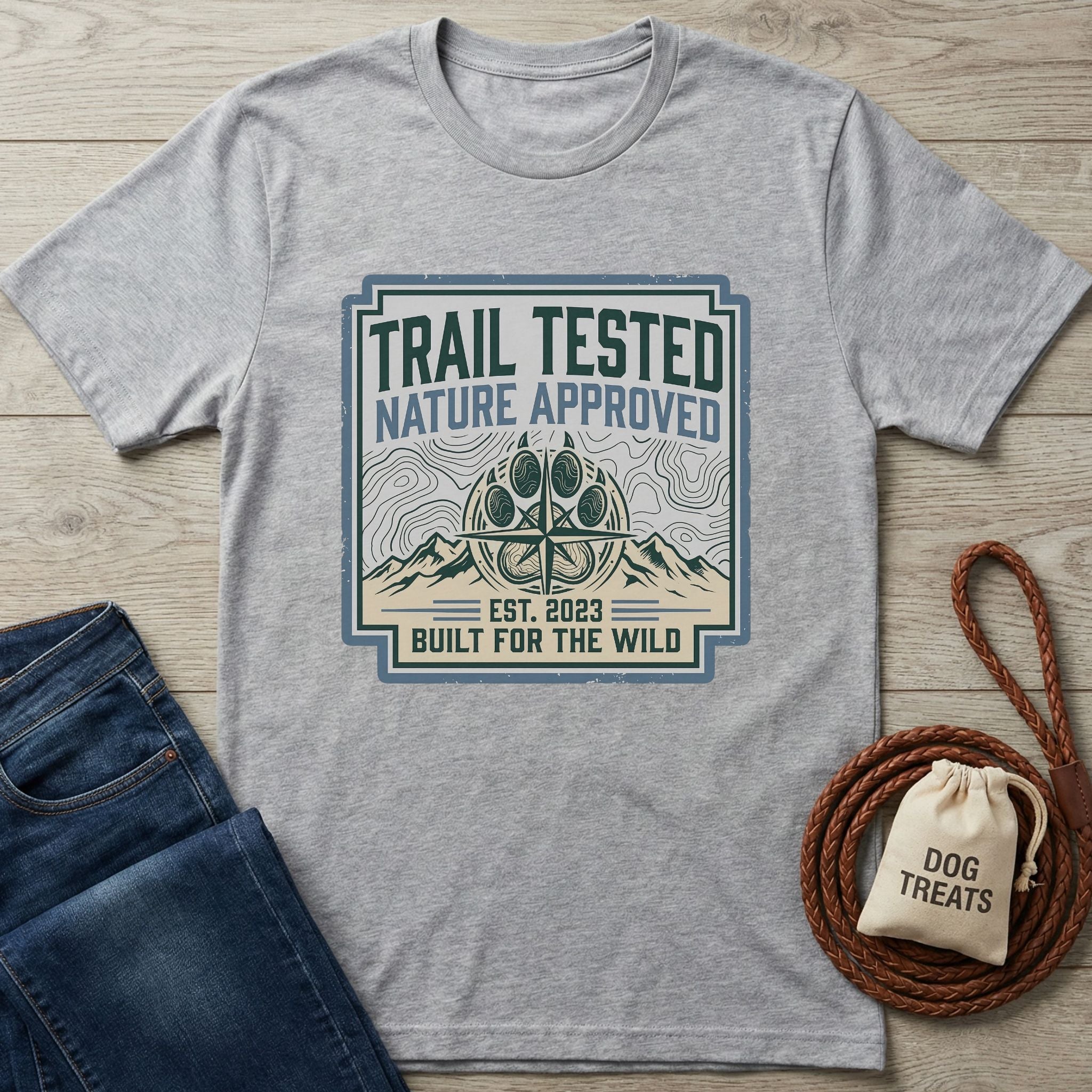Light grey Gildan Softstyle t-shirt with "Trail Tested Nature Approved" graphic, jeans, and dog leash.