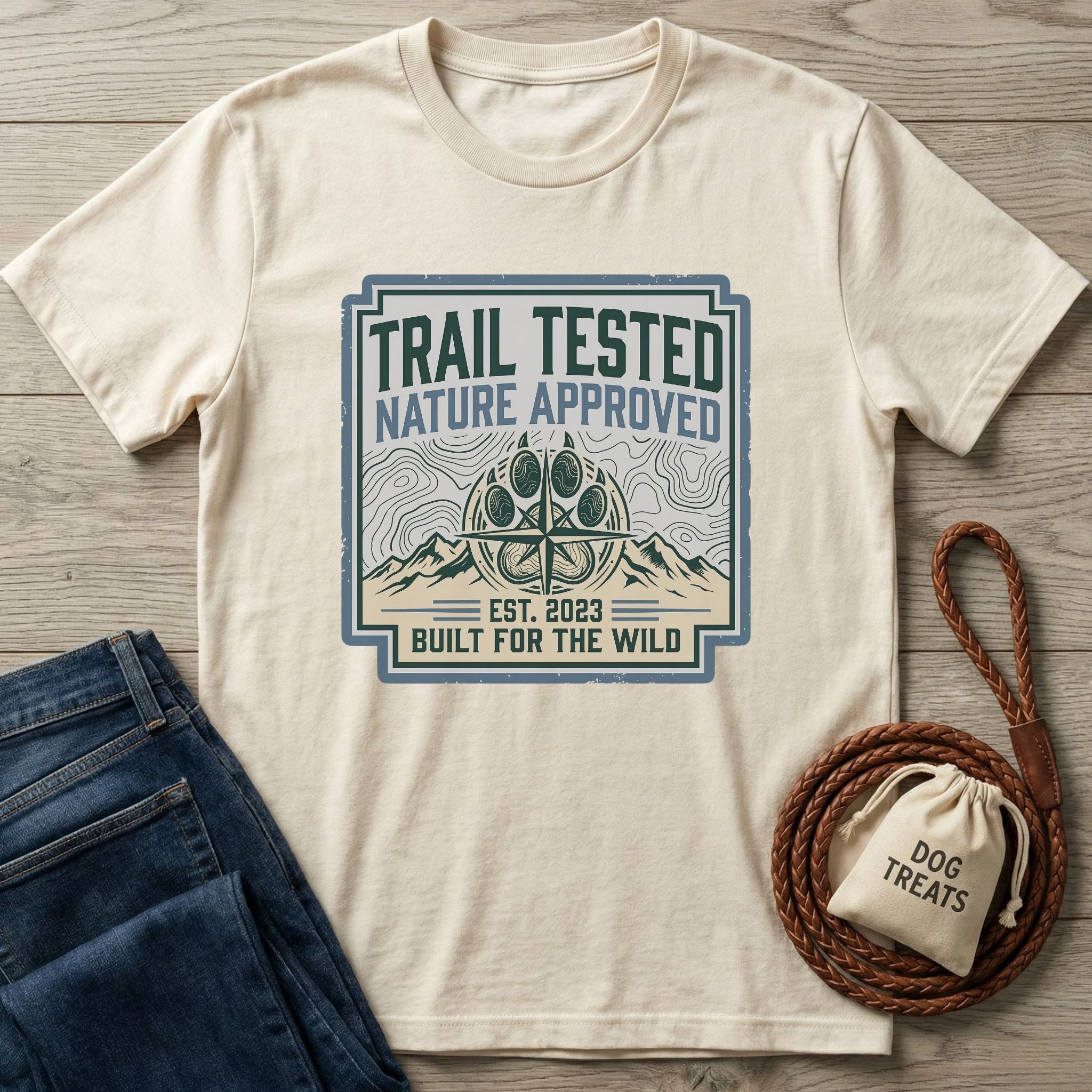 Cream Gildan Softstyle t-shirt with "Trail Tested Nature Approved" graphic, blue jeans, and dog treats bag.
