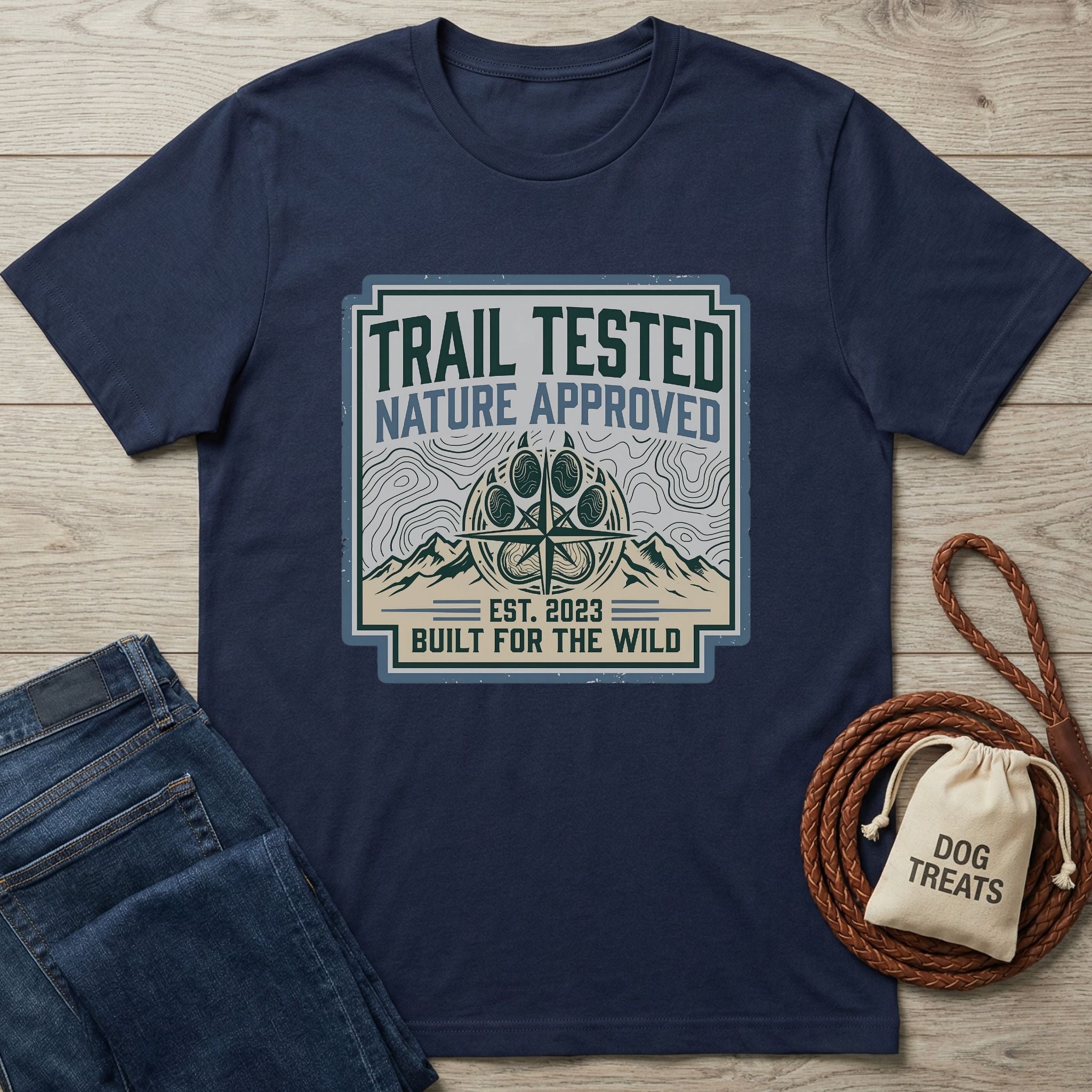 Navy blue Gildan Softstyle® t-shirt with "Trail Tested Nature Approved" graphic and paw print compass.