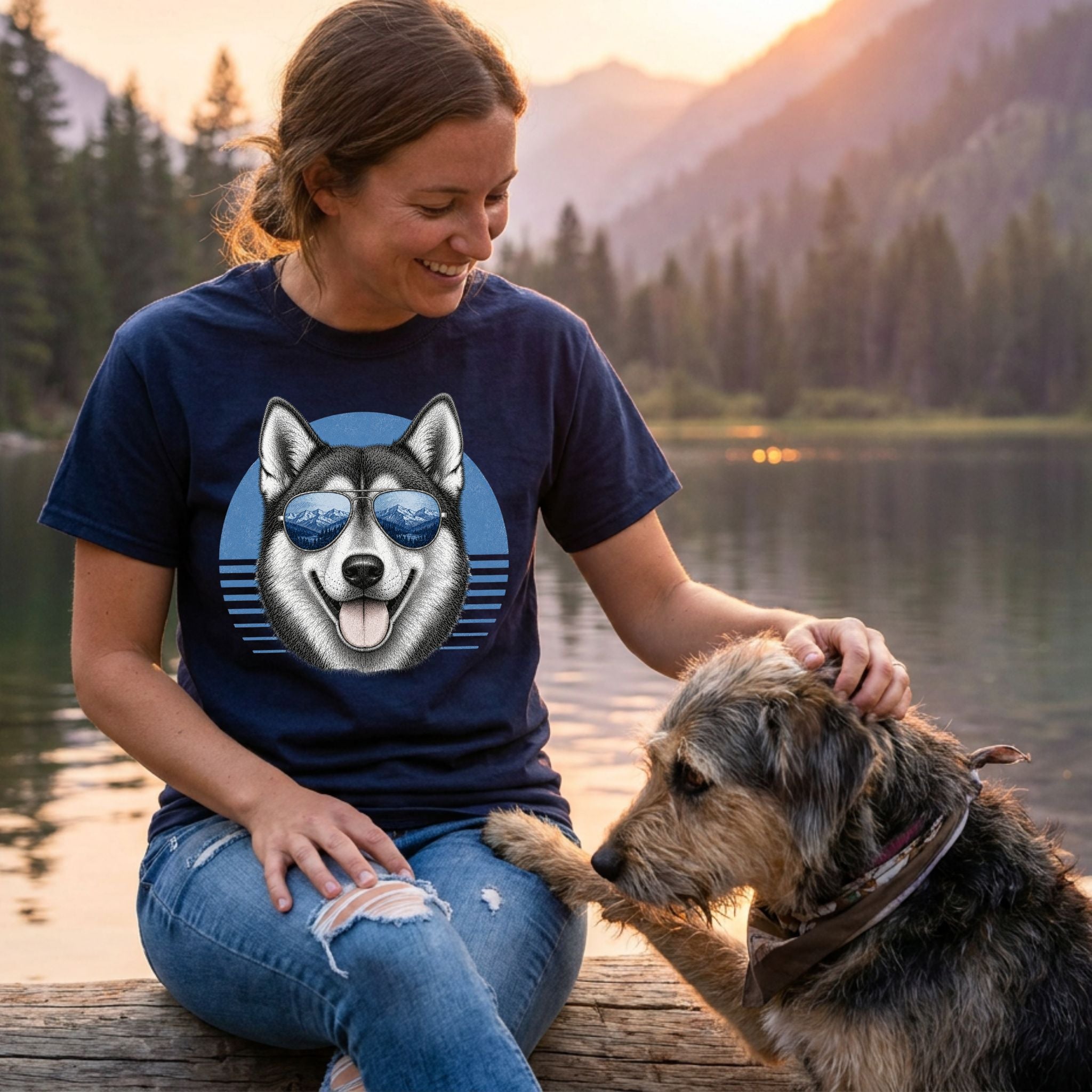 Woman wearing a navy blue Trail Vision t-shirt featuring a husky wearing mountain-reflection sunglasses.