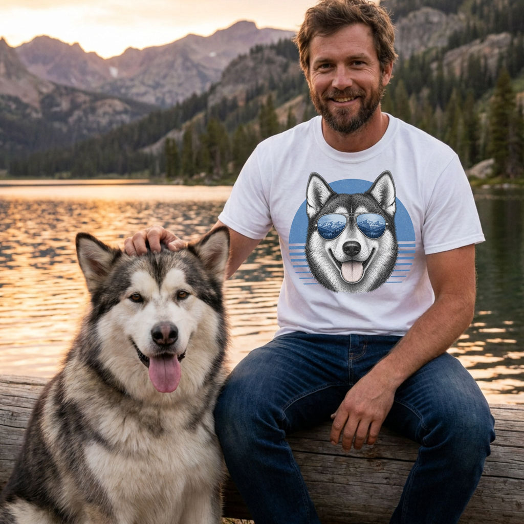 Man wearing a white cotton Trail Vision t-shirt featuring a husky graphic with mountain-reflection sunglasses.