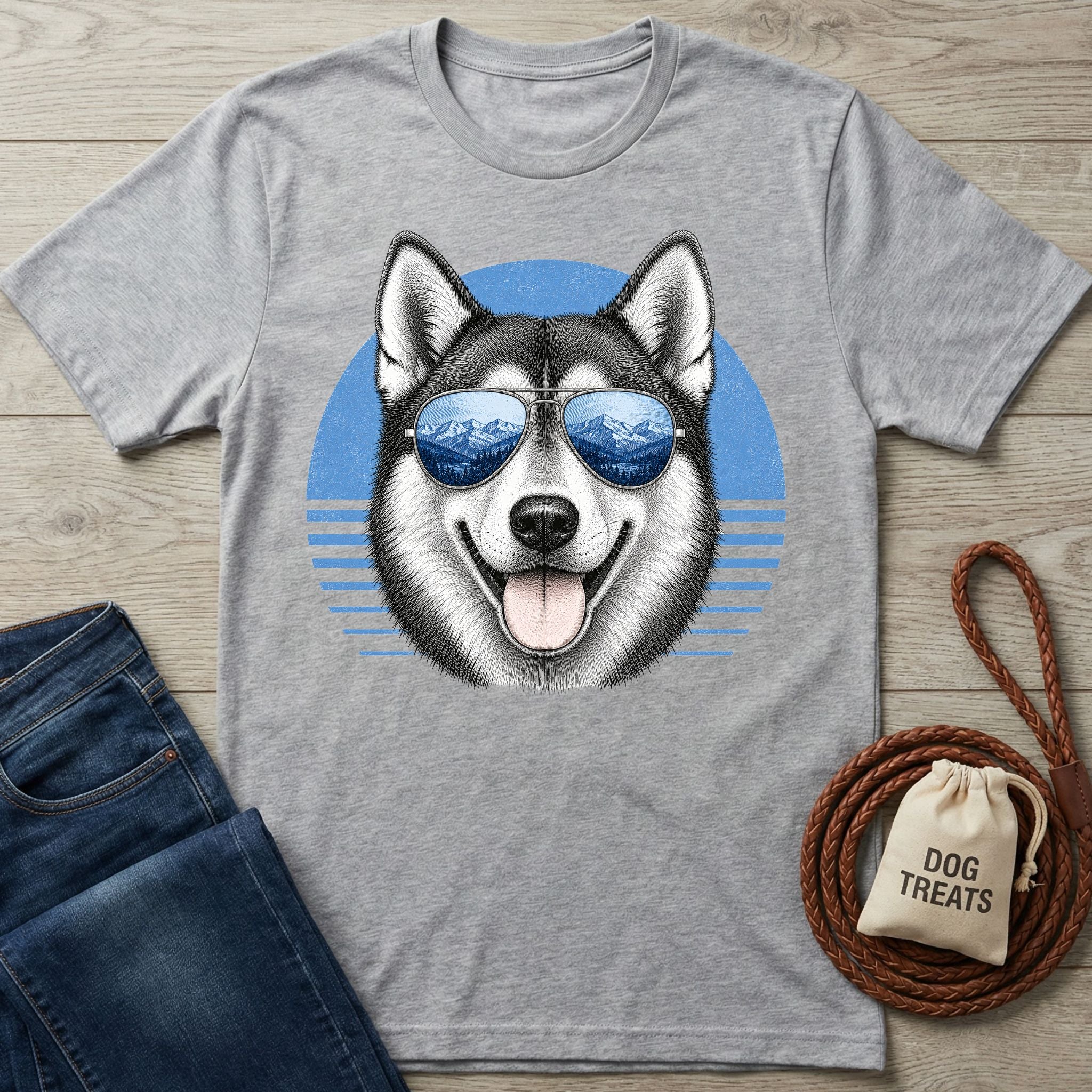 Grey crewneck t-shirt featuring a husky wearing mountain-reflecting sunglasses against a blue circular graphic.
