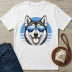 White crewneck T-shirt featuring a husky wearing mountain-reflection sunglasses against a blue circular graphic.