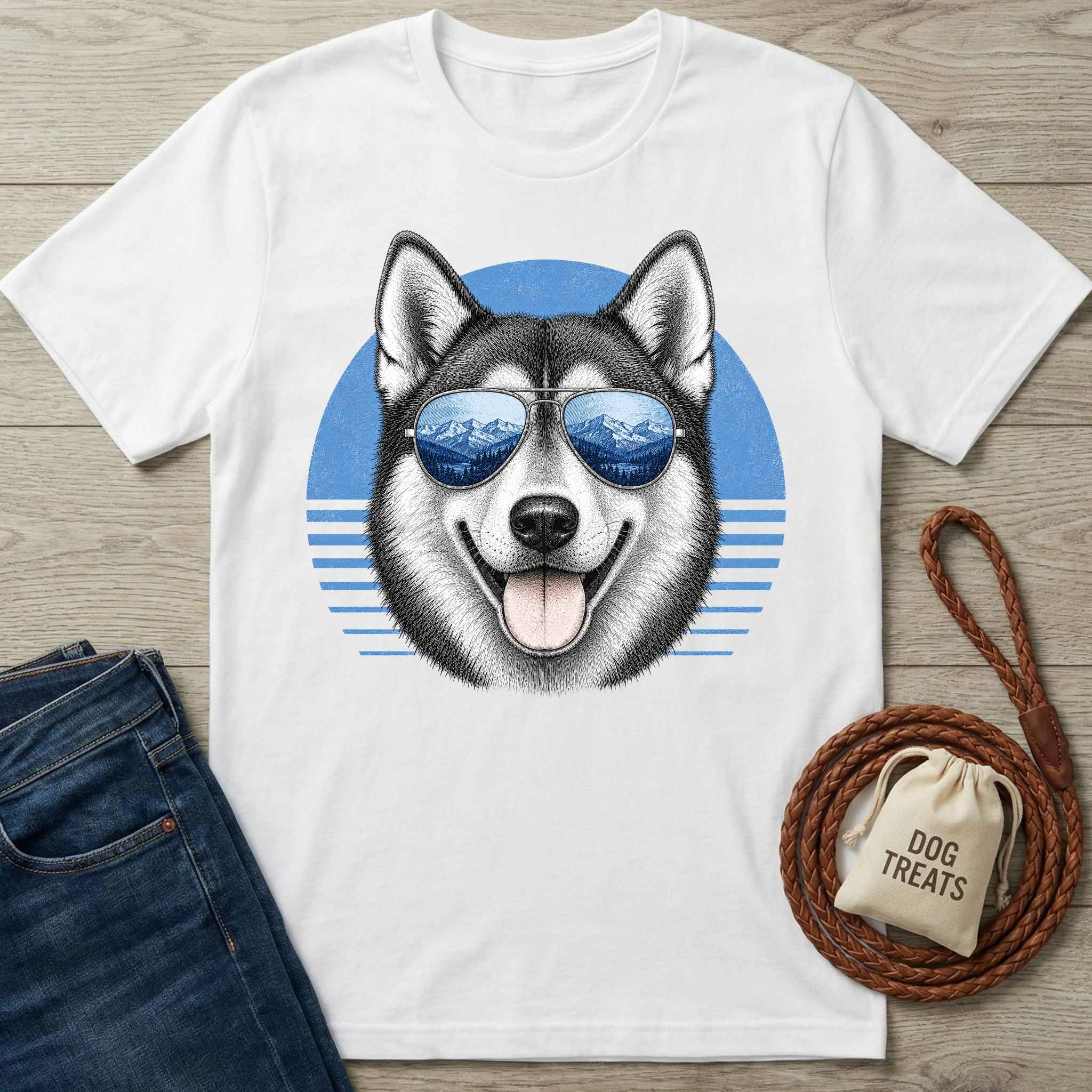 White crewneck T-shirt featuring a husky wearing mountain-reflection sunglasses against a blue circular graphic.