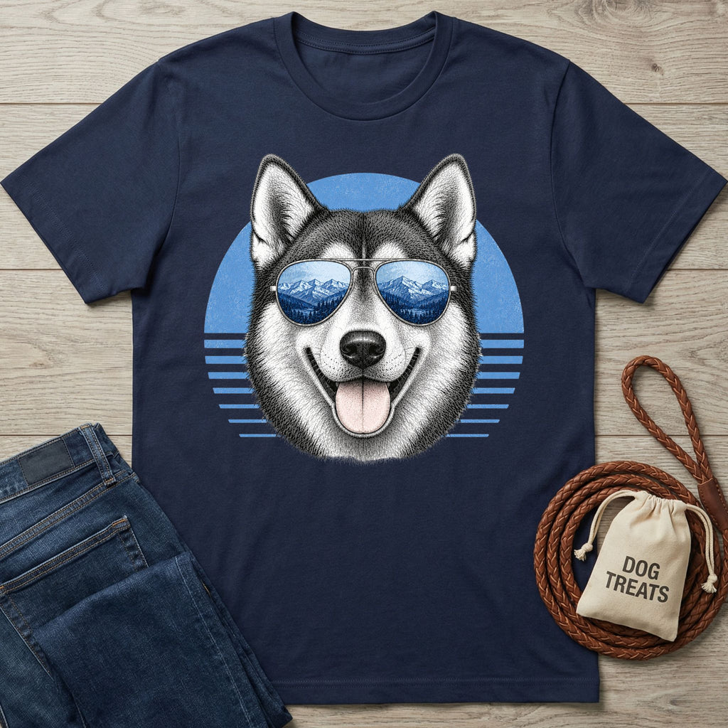 Navy blue cotton t-shirt featuring a husky wearing sunglasses with a mountain reflection graphic on a blue circular background.