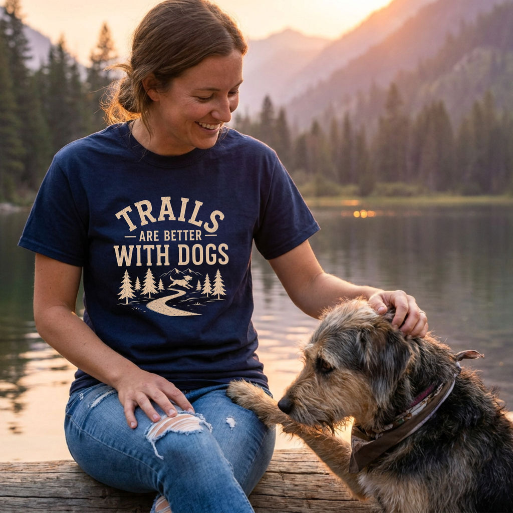 Woman in navy "Trails Are Better With Dogs" t-shirt petting a dog by a lake at sunset.