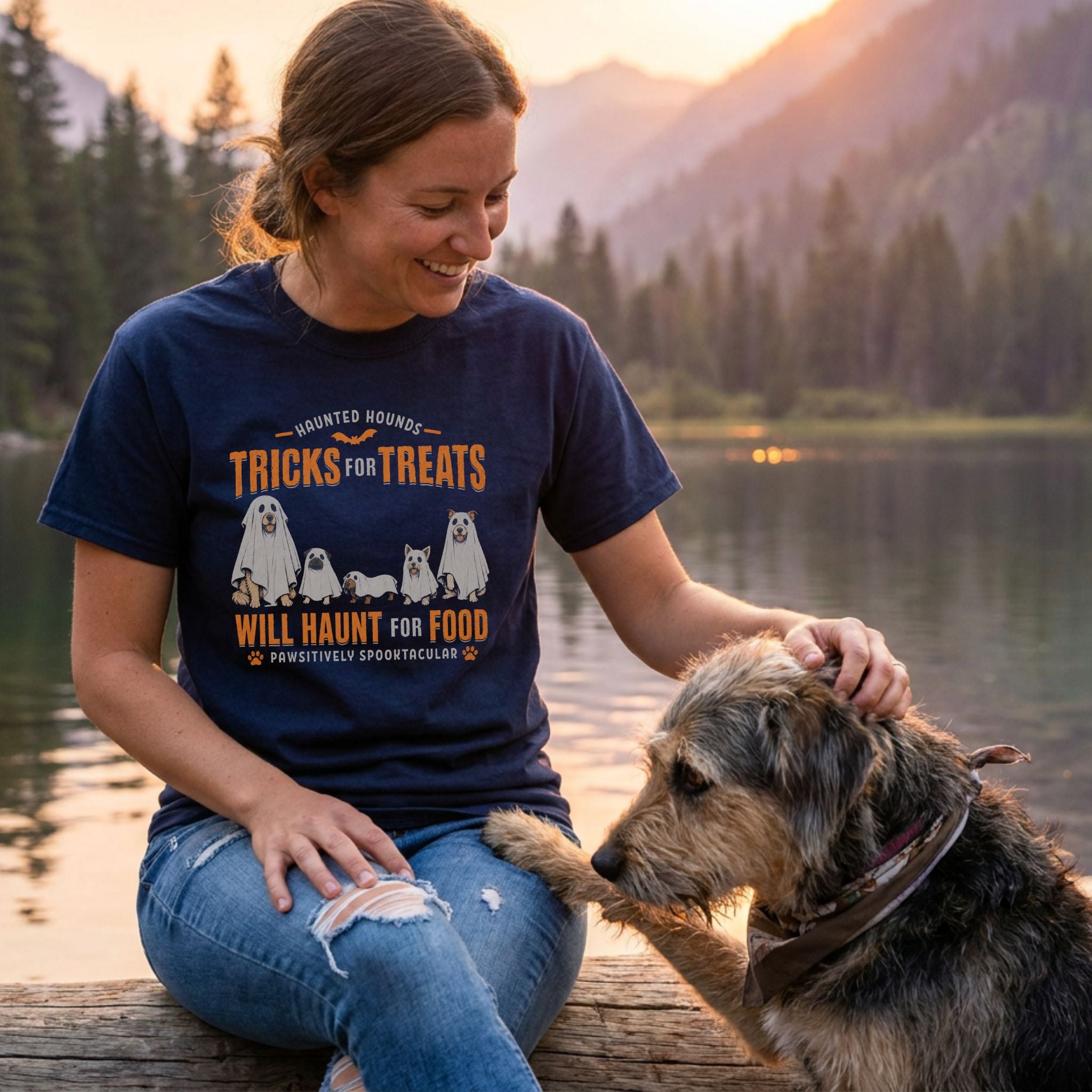 Woman wearing a navy blue crewneck t-shirt featuring a graphic of dogs in ghost costumes with the text Tricks For Treats.