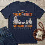 Navy blue crew neck t-shirt featuring a graphic of five dogs in ghost costumes with orange text reading Tricks For Treats.