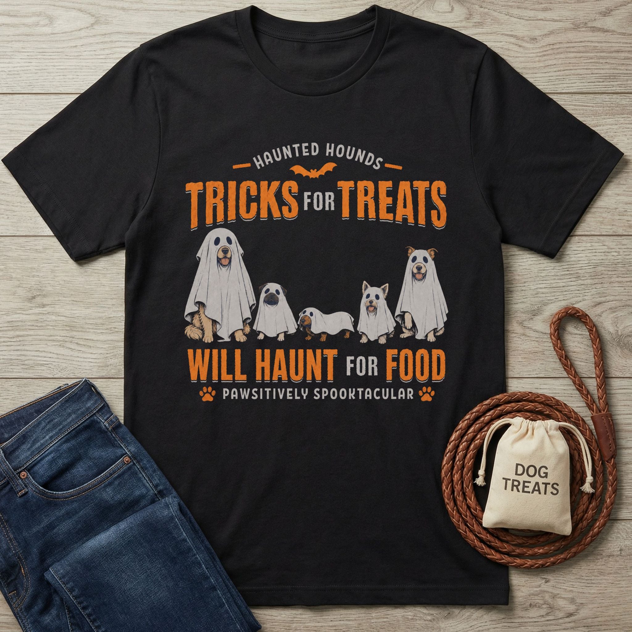 Black crewneck t-shirt featuring a graphic of five dogs in ghost costumes with the text Tricks For Treats Will Haunt For Food.