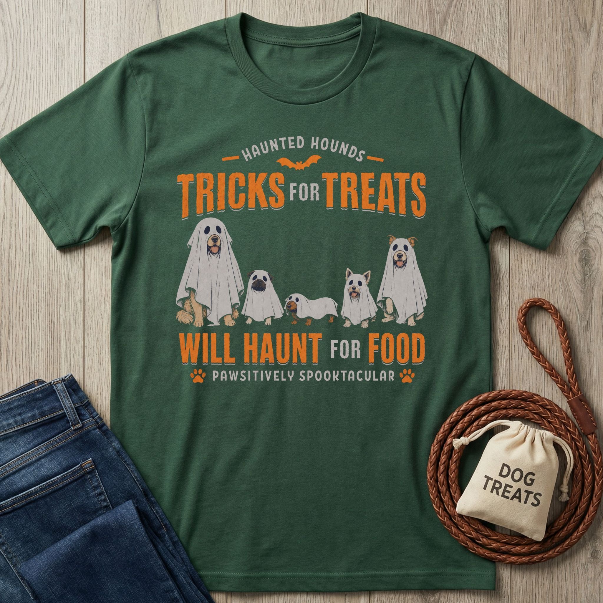 Forest green crewneck t-shirt featuring a graphic of five dogs in ghost costumes with the text Tricks For Treats.