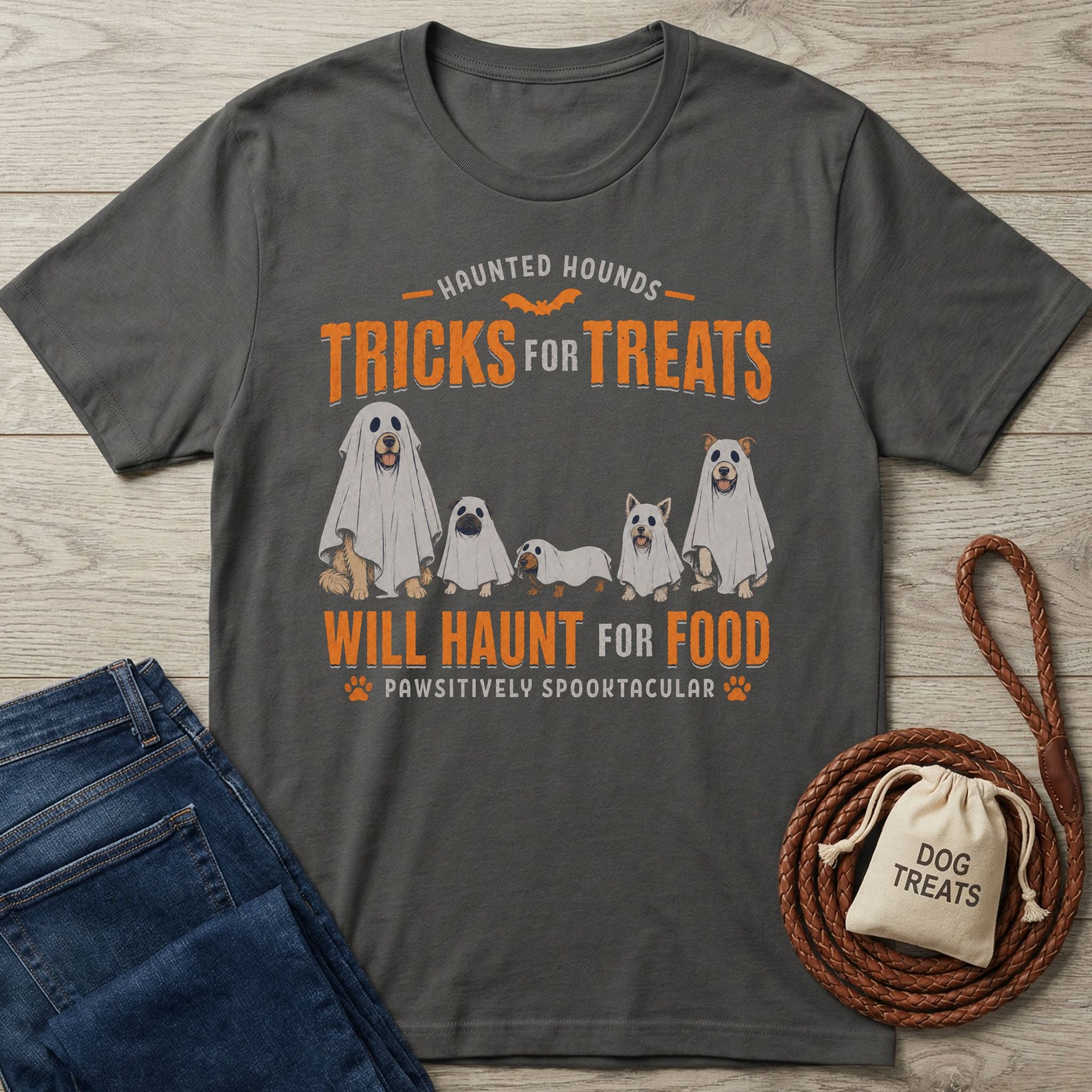 Charcoal gray crewneck T-shirt featuring a graphic of five dogs in ghost costumes with the text Tricks For Treats.