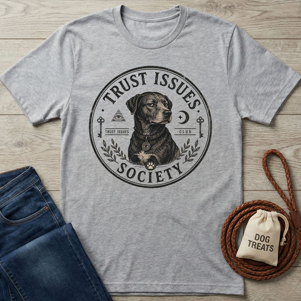 Heather grey "Trust Issues Society" t-shirt with a black dog graphic, next to jeans and dog treats.