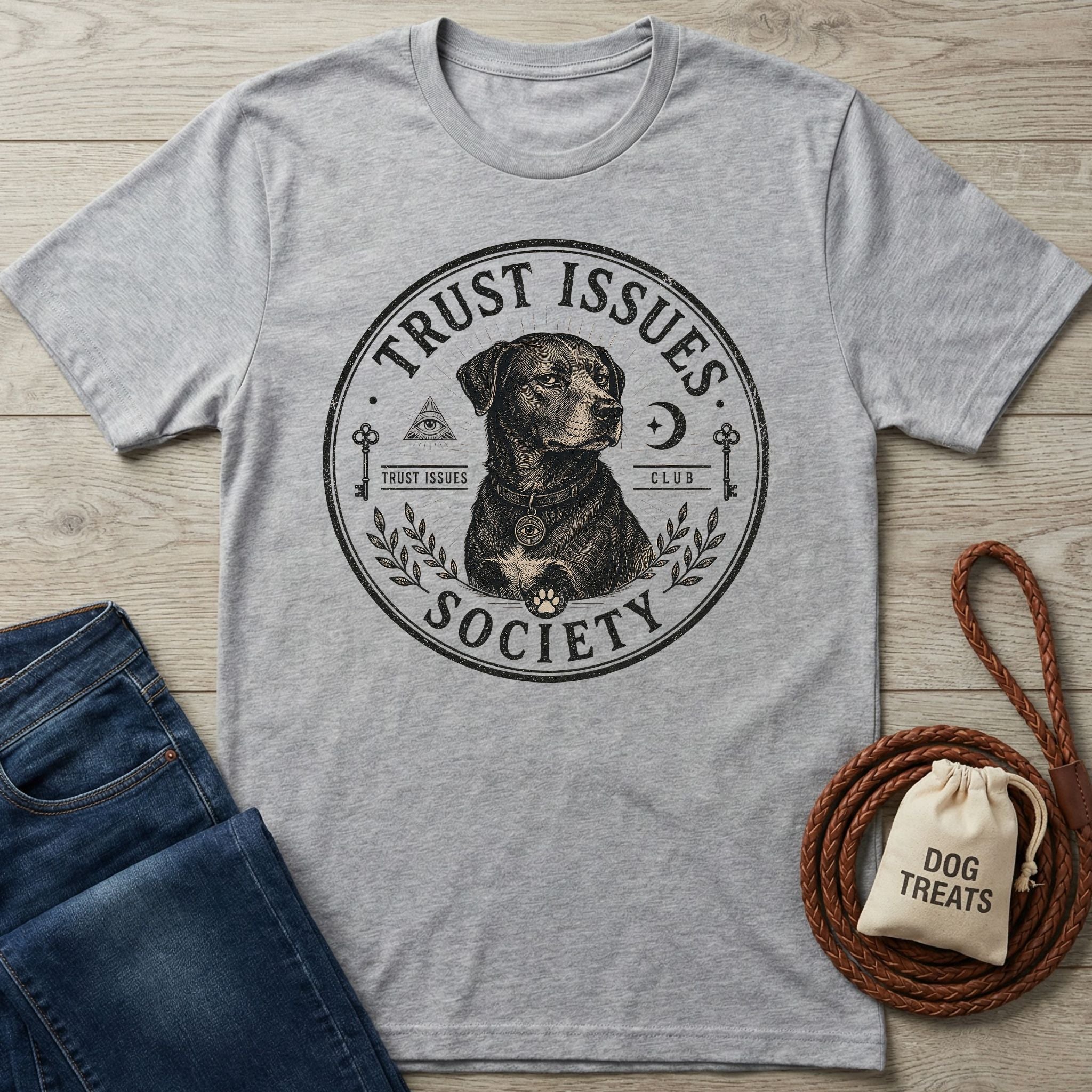 Heather grey "Trust Issues Society" t-shirt with a black dog graphic, next to jeans and dog treats.