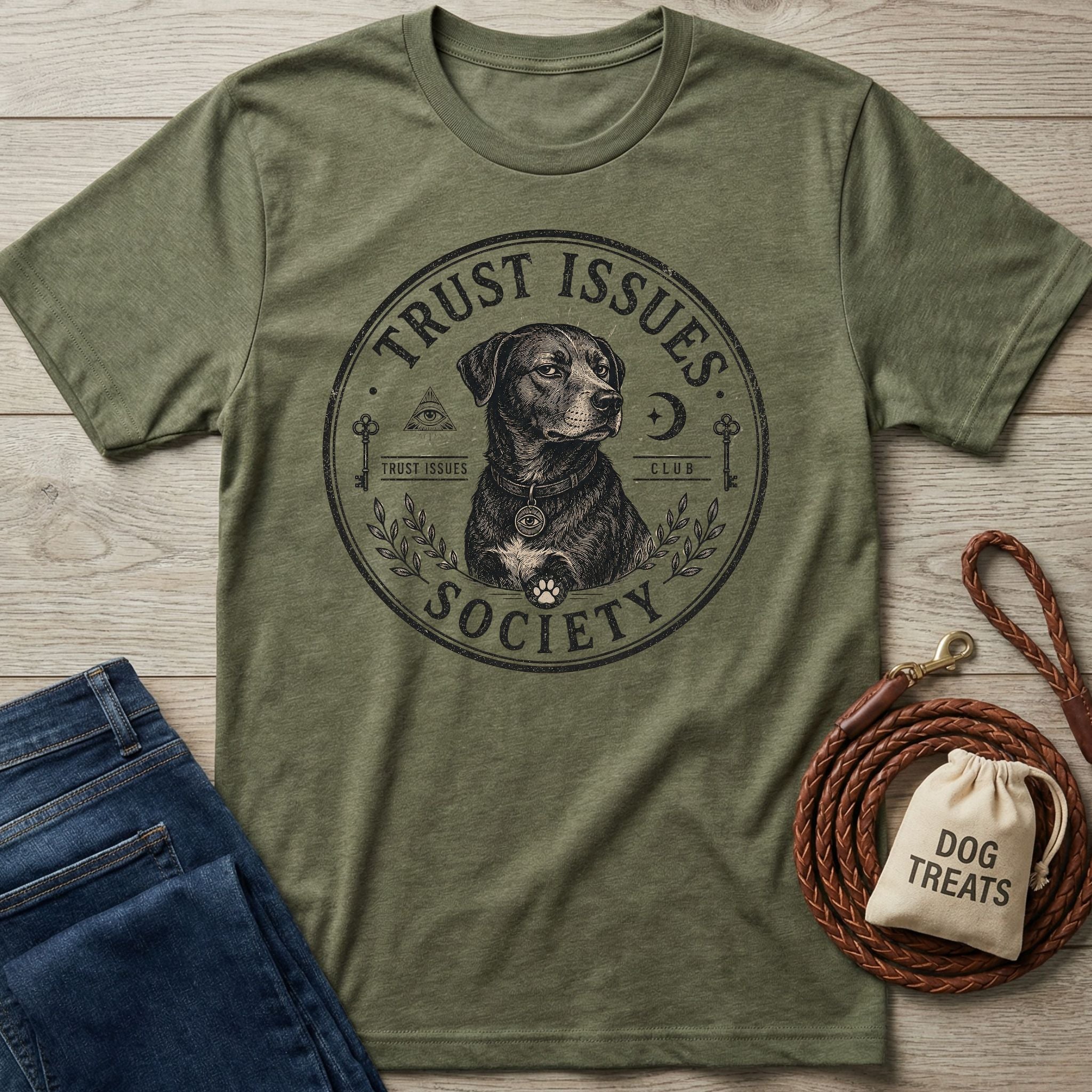 Olive green "Trust Issues Society" t-shirt with a black dog graphic, laid flat with jeans and dog treats.