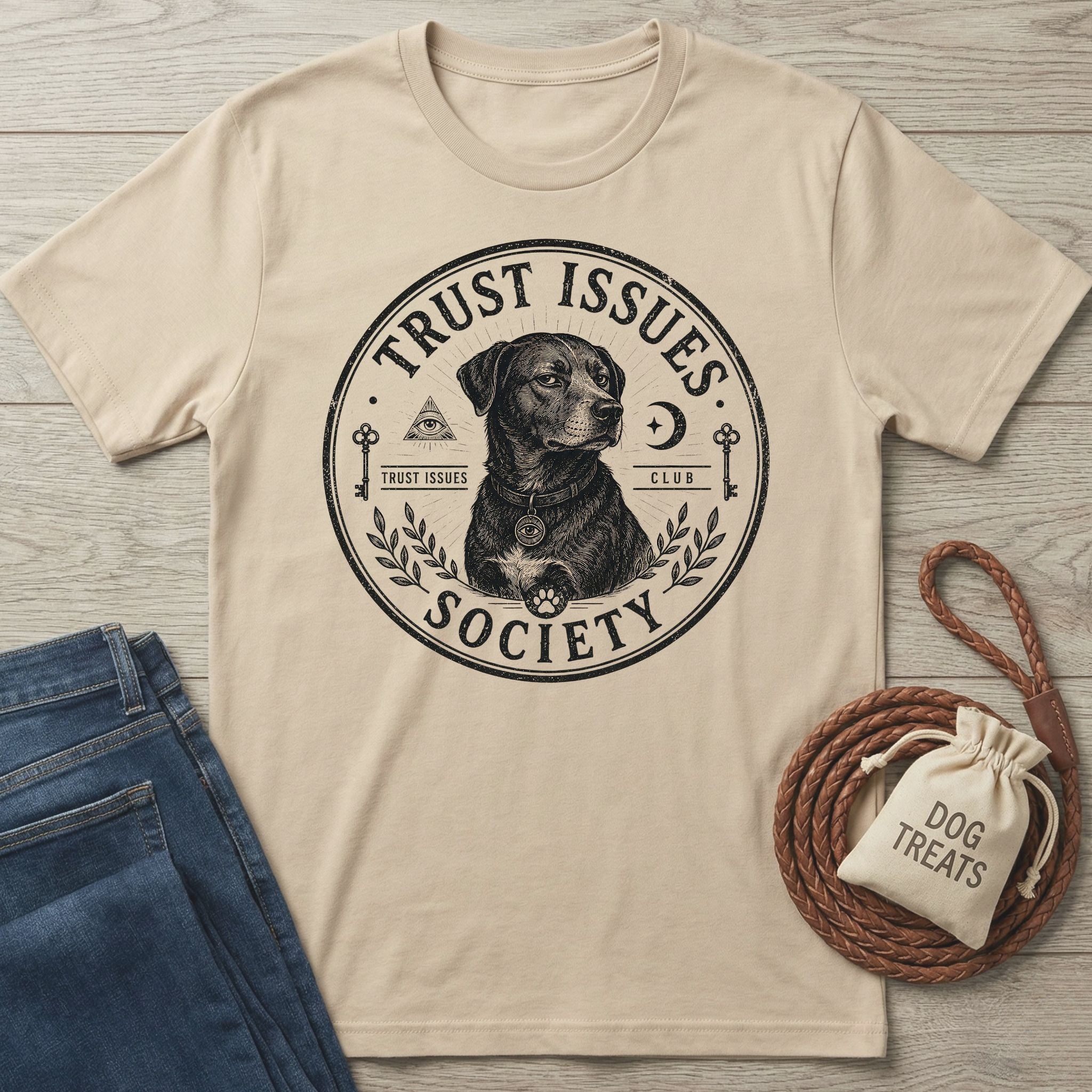 Beige cotton "Trust Issues Society" t-shirt with a black dog graphic, paired with jeans and dog treats.