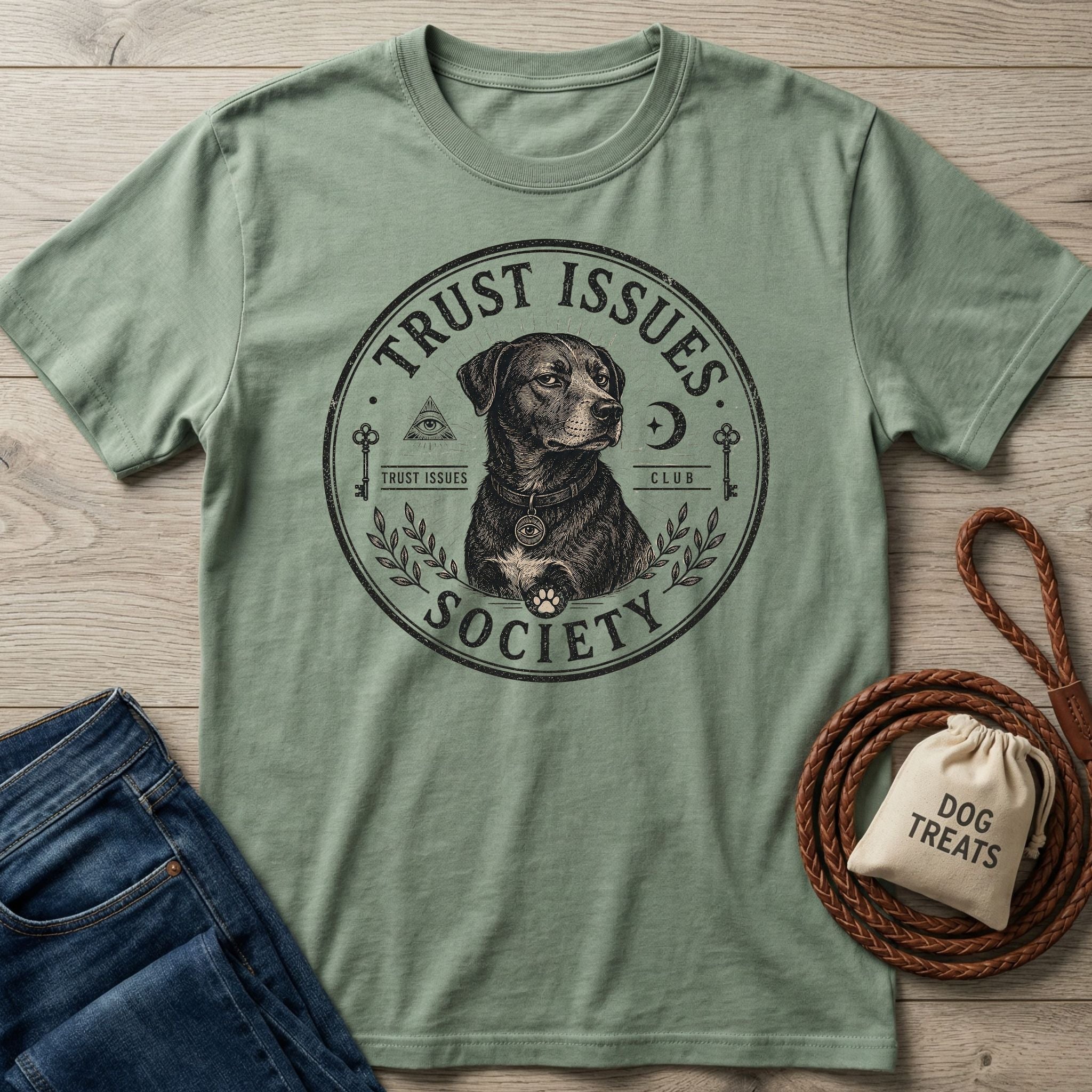 Sage green "Trust Issues Society" t-shirt with a black dog graphic, paired with jeans and a dog treat bag.
