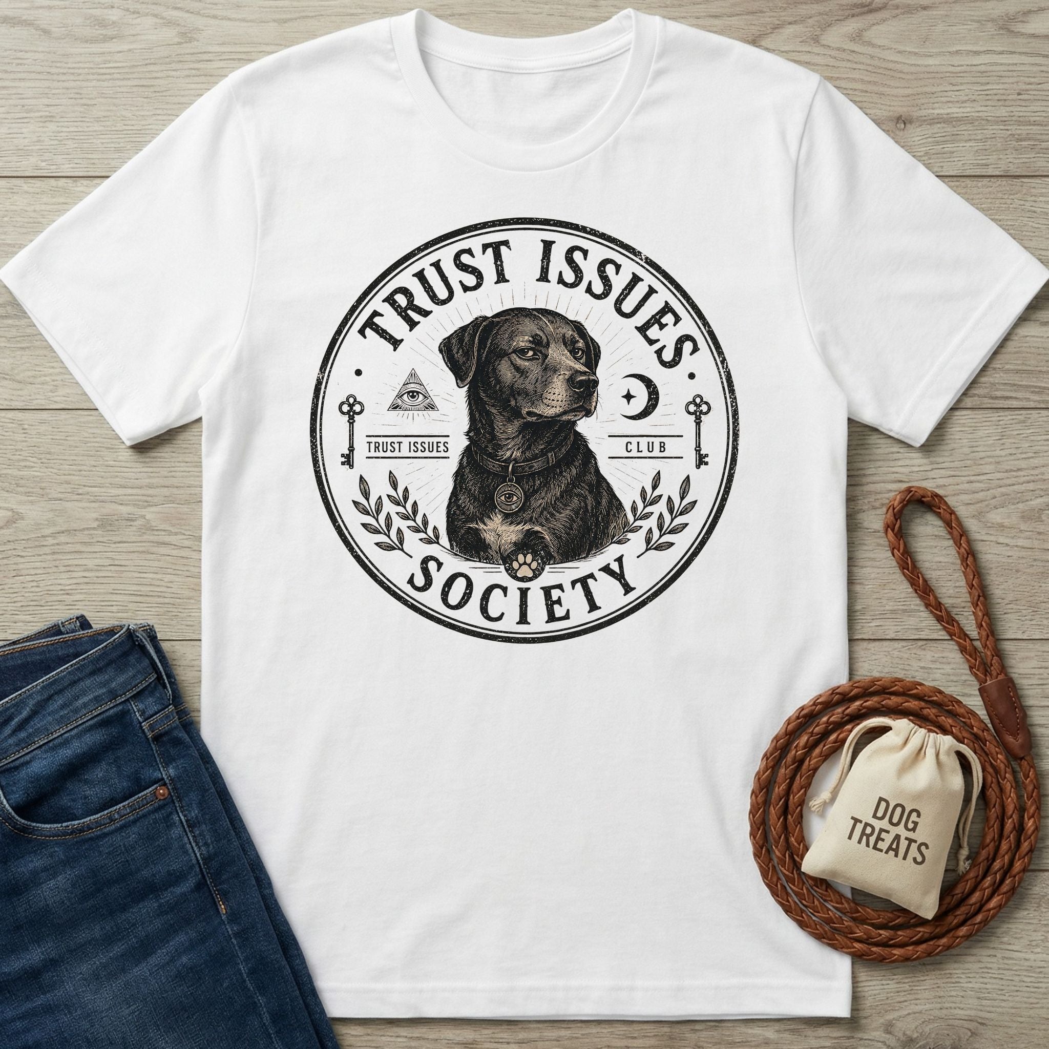 White cotton "Trust Issues Society" t-shirt with a vintage dog graphic, next to blue jeans and a dog leash.