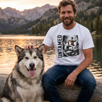 Man wearing a white crewneck t-shirt featuring an Untamed dog graphic, sitting on a log by a lake with his dog.