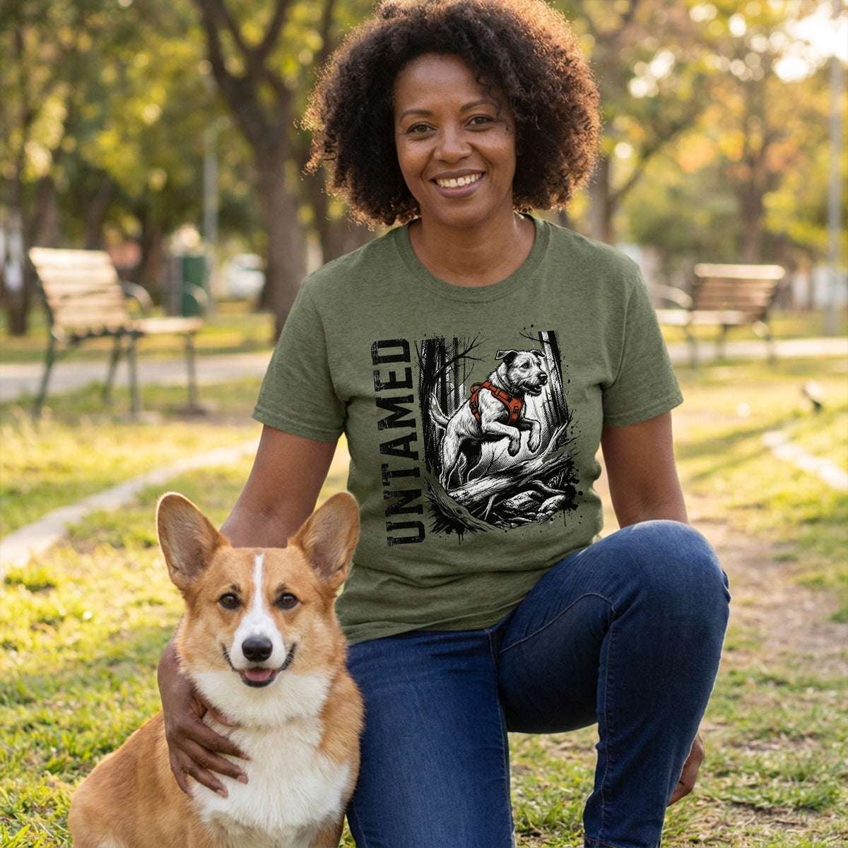 Woman wearing an olive green crewneck T-shirt with a black and white graphic of a dog jumping, featuring the word Untamed.