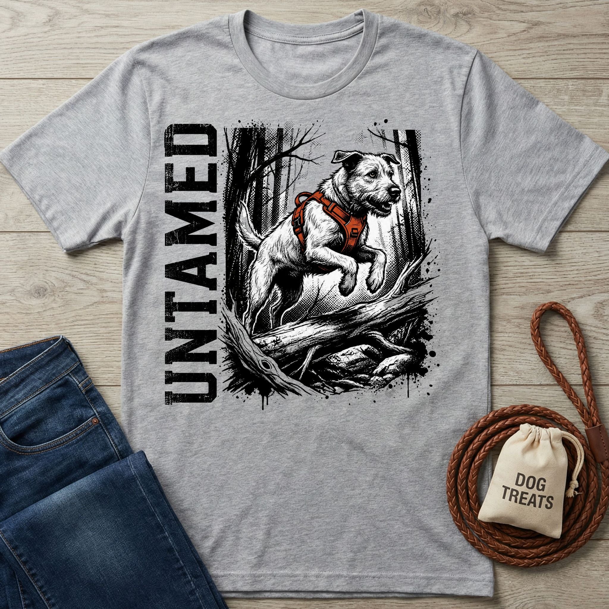 Grey crewneck t-shirt featuring a graphic of a dog jumping over a log with the word Untamed in bold black text.