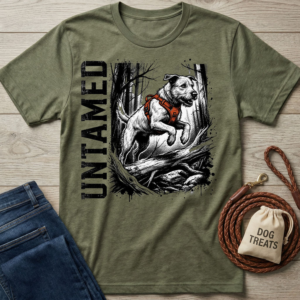 Olive green crewneck t-shirt featuring a graphic of a dog in a harness jumping over a log with the word Untamed.