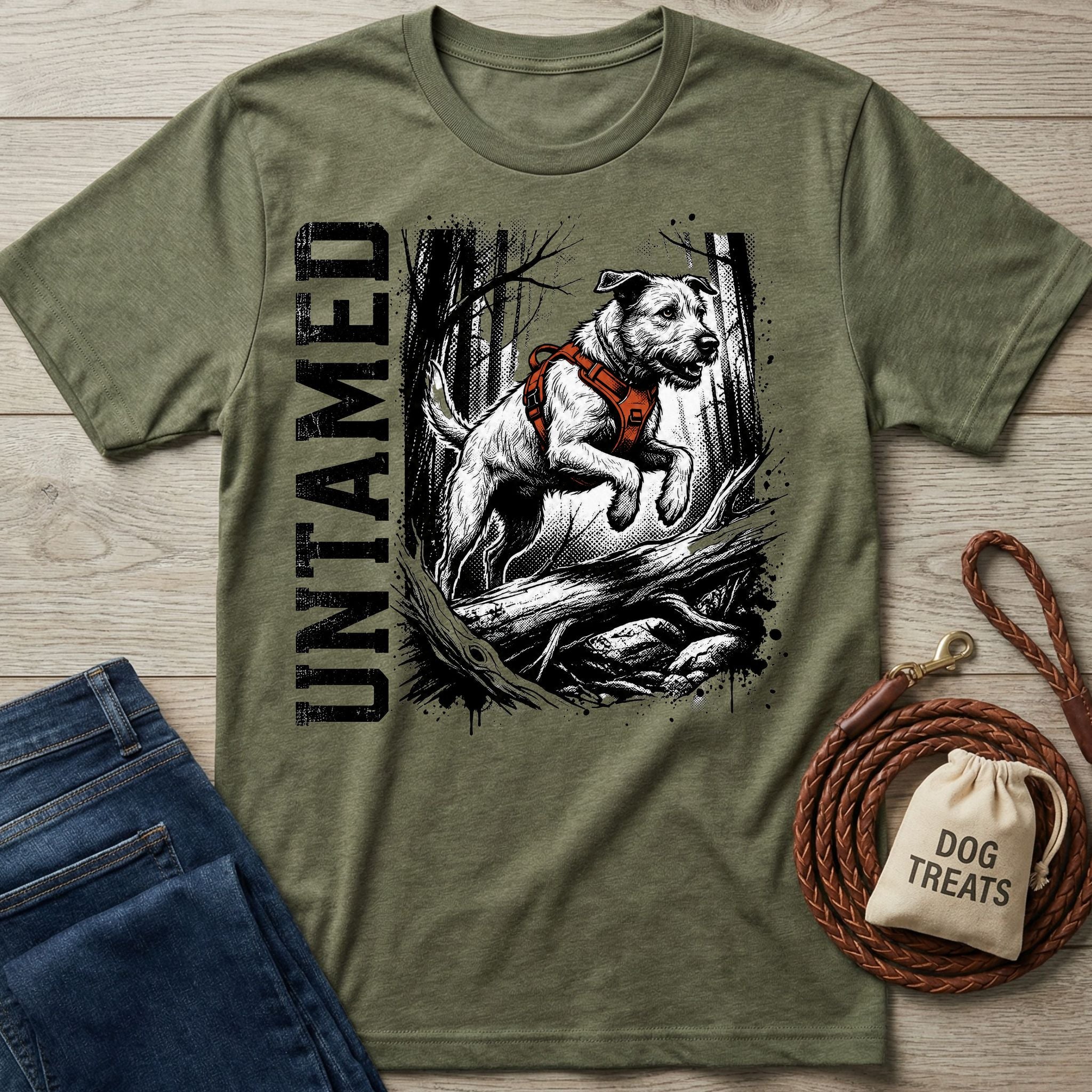 Olive green crewneck t-shirt featuring a graphic of a dog in a harness jumping over a log with the word Untamed.