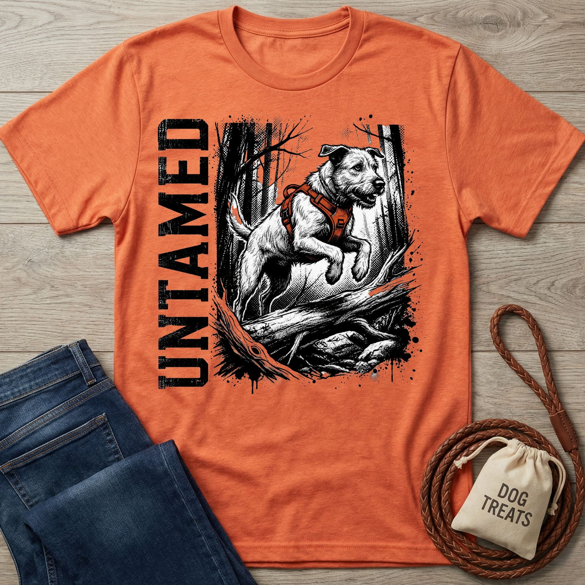 Burnt orange crewneck T-shirt featuring a black and white graphic of a dog jumping over a log with the word Untamed.