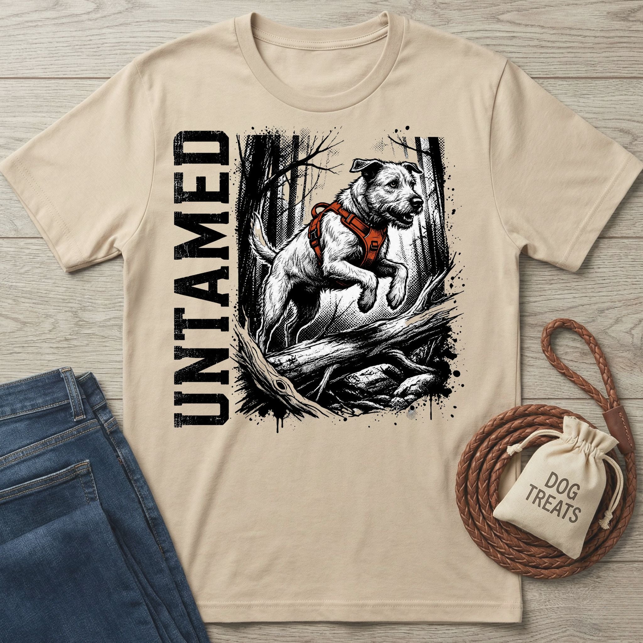 Beige crewneck t-shirt featuring a black and white graphic of a dog jumping over a log with the word Untamed printed vertically.