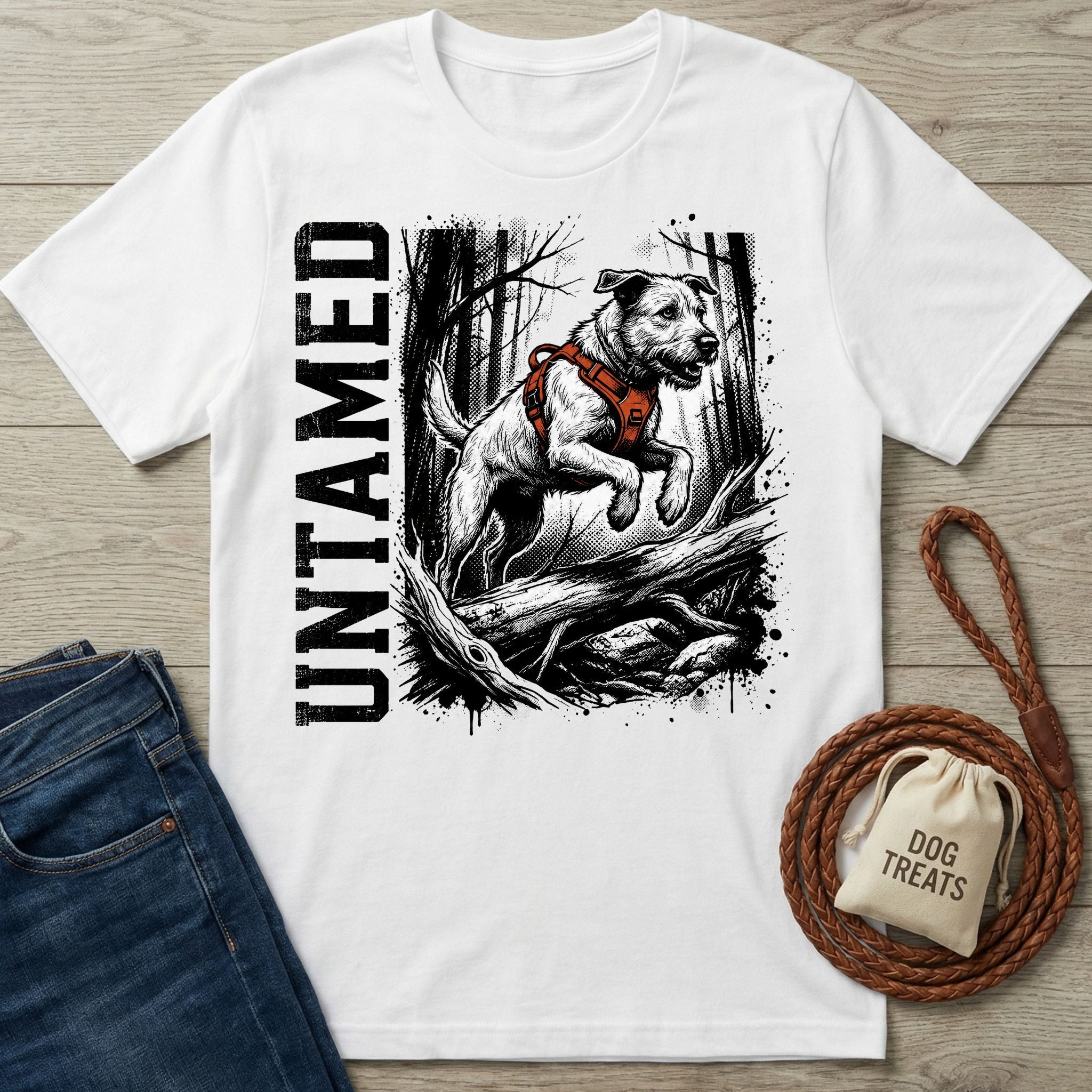 White crew neck t-shirt featuring a black and white illustration of a dog jumping over a log with the word Untamed.