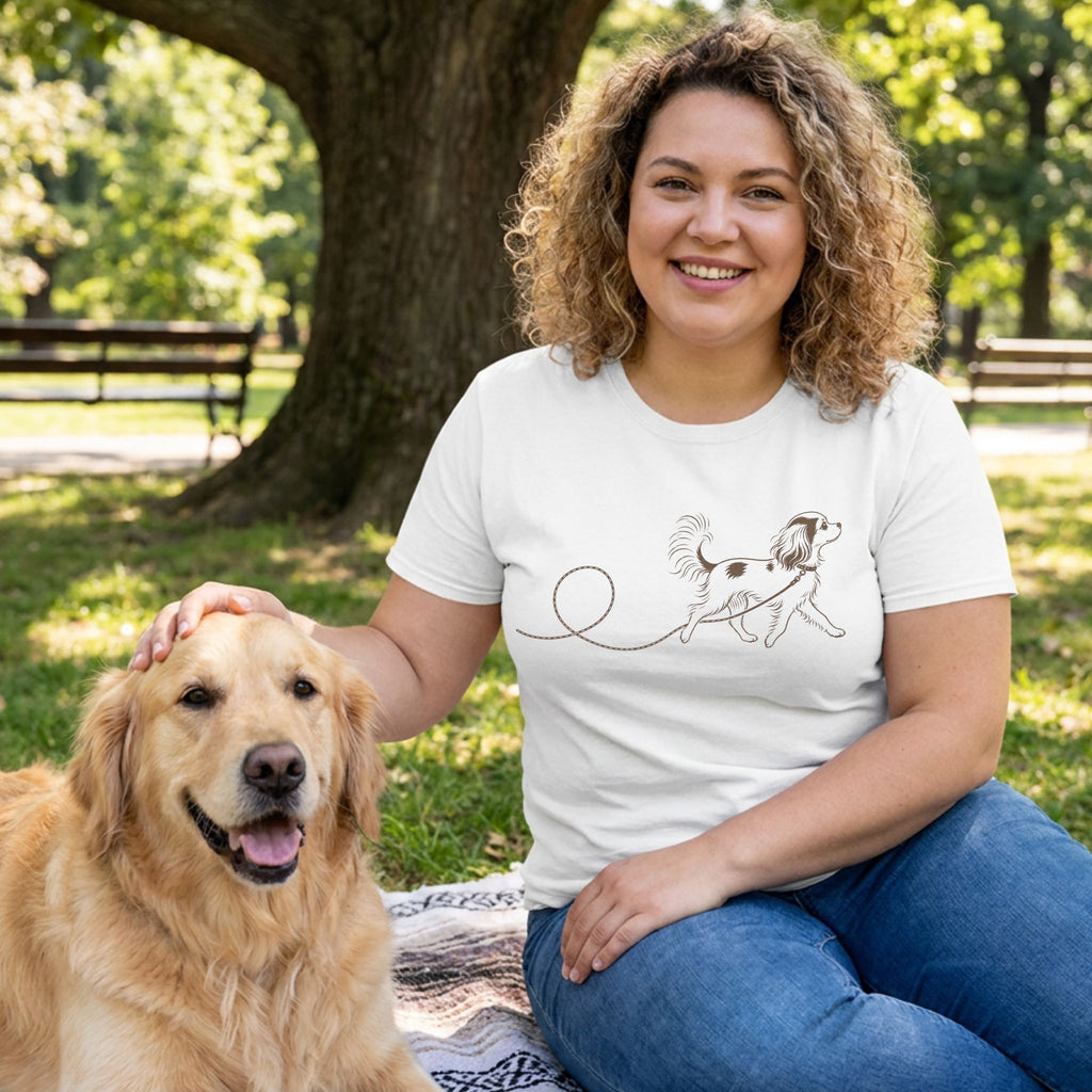Woman wearing a white crew neck t-shirt with a minimalist brown line art design of a dog walking in a park.