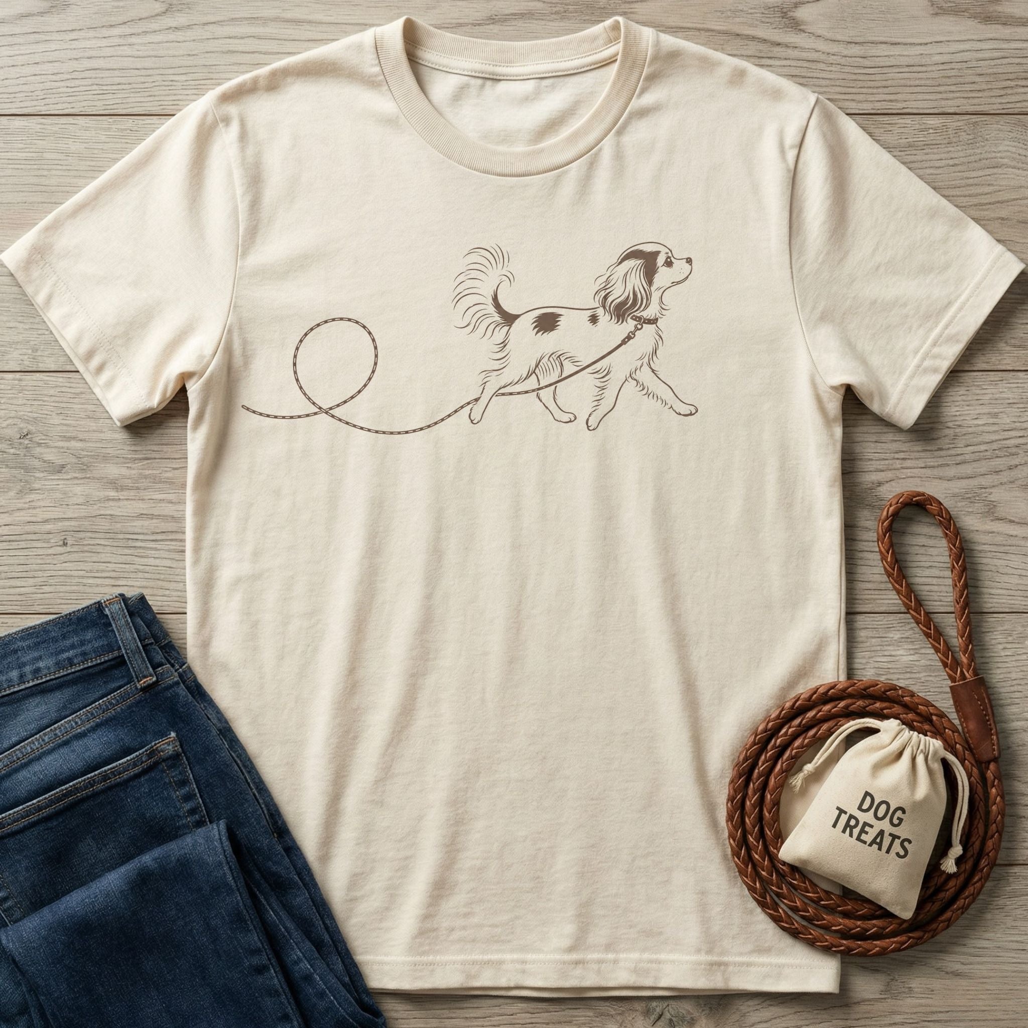 Cream-colored cotton t-shirt featuring a minimalist brown line drawing of a dog on a walk, laid on a wooden surface.