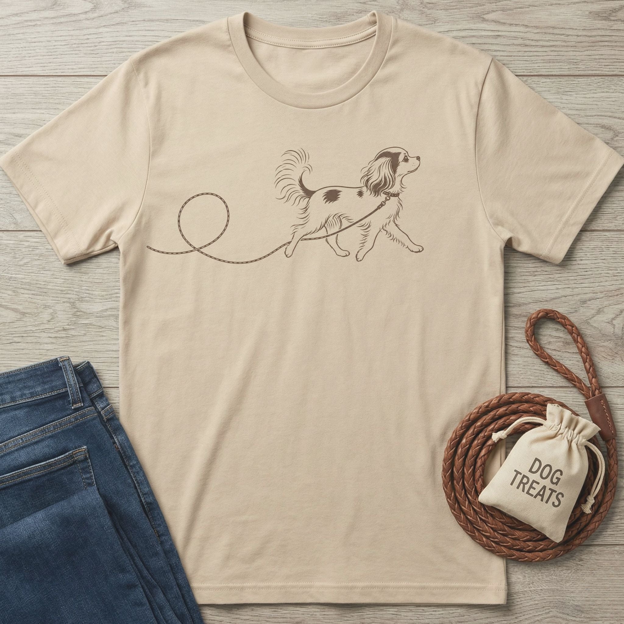 Beige crew neck t-shirt featuring a minimalist brown line drawing of a dog walking on a leash.
