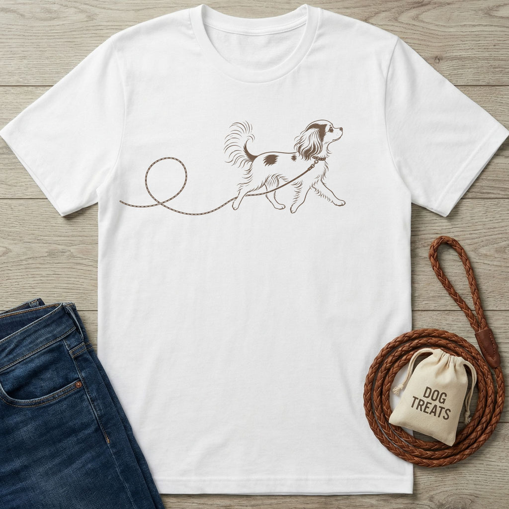 White cotton t-shirt featuring a minimalist brown line drawing of a dog walking on a leash.