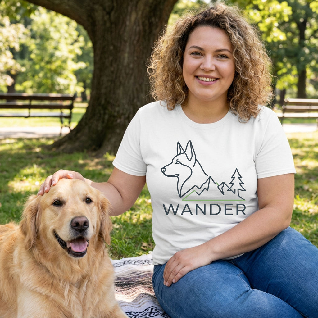 Woman in a white Wander Dog T-shirt with a husky outline, mountains, and trees, petting a golden retriever in a park.