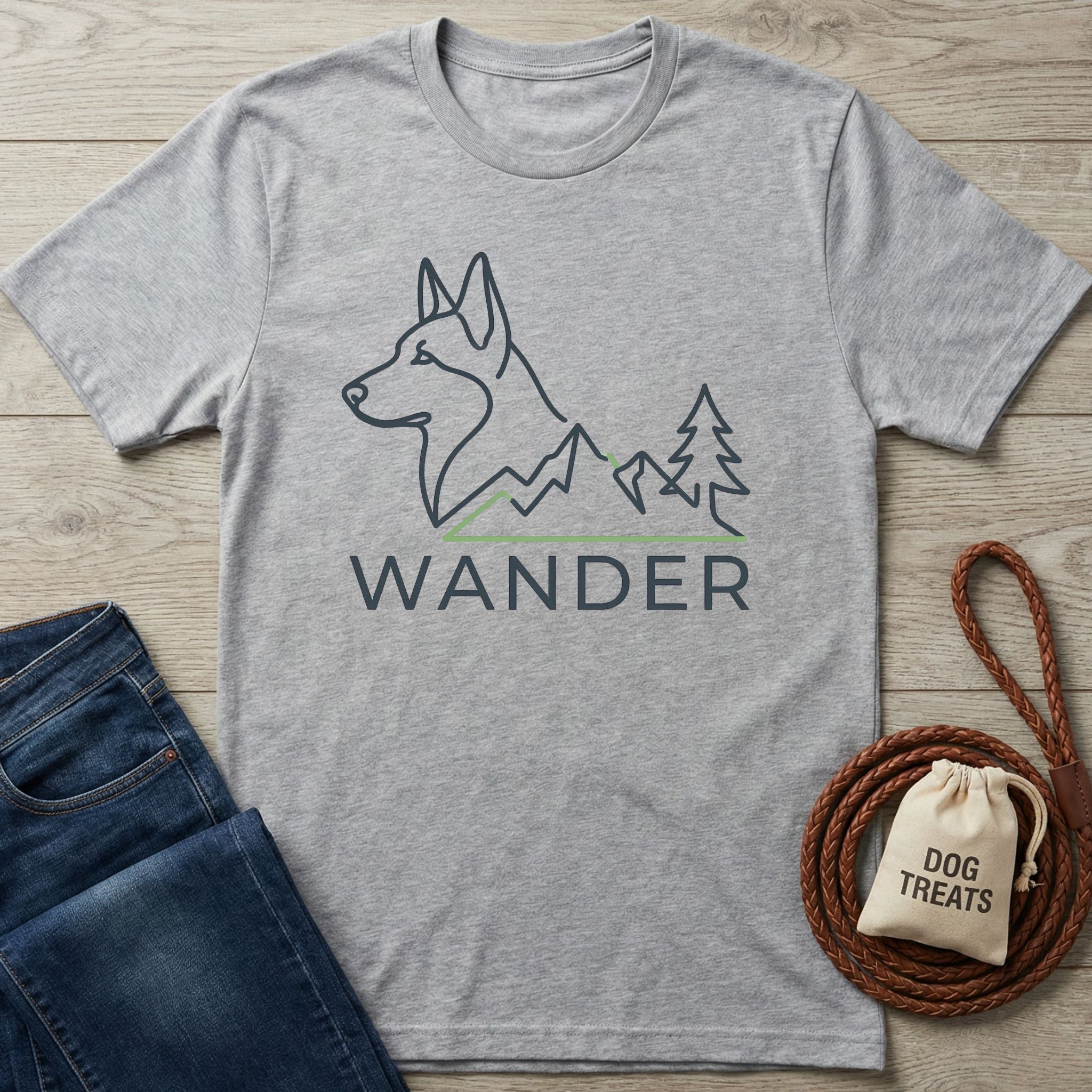Light grey Gildan Softstyle® t-shirt with a minimalist black and green "WANDER" dog and mountain graphic.