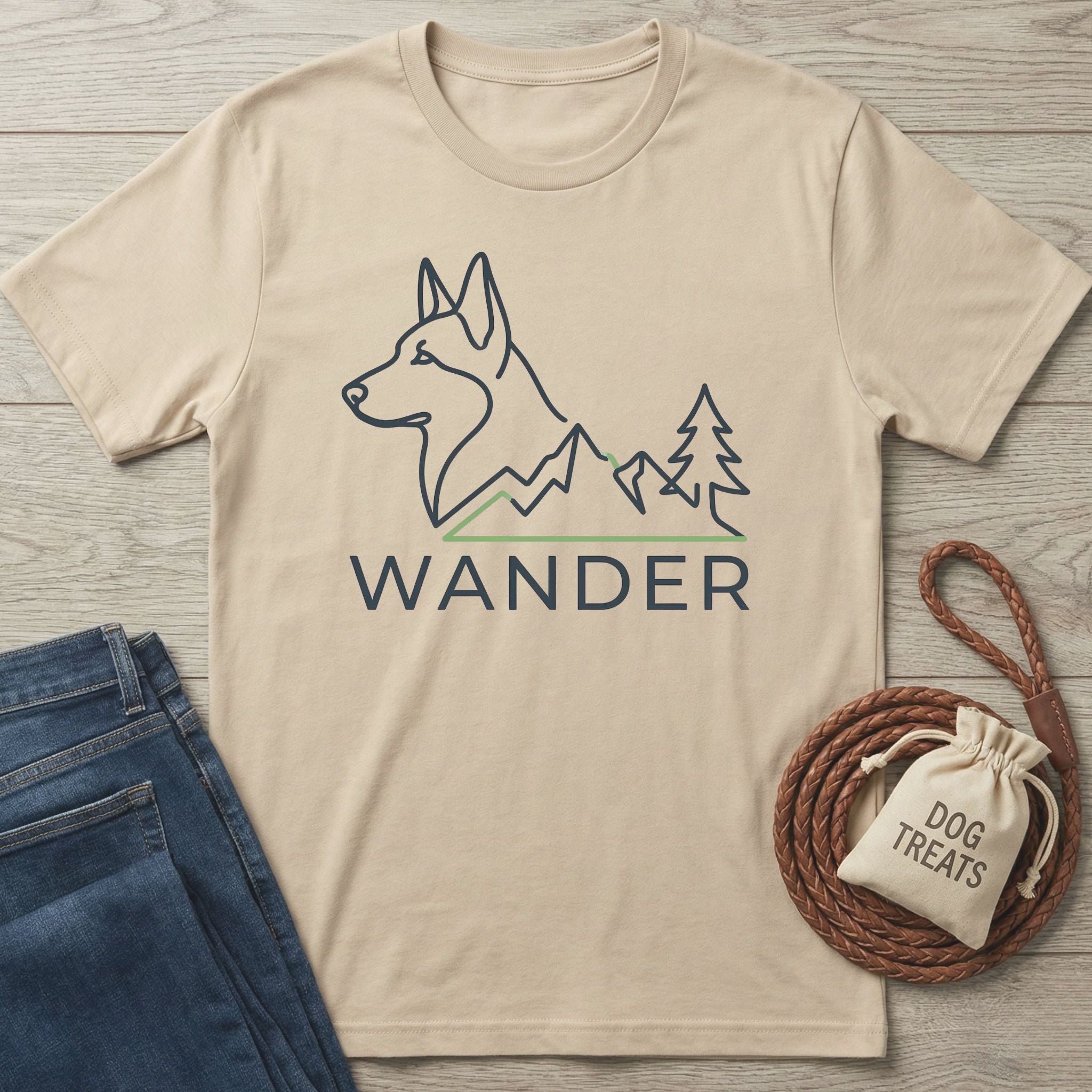 Beige Wander Dog T-shirt with a black husky, mountains, and trees graphic, beside blue jeans and dog treats.