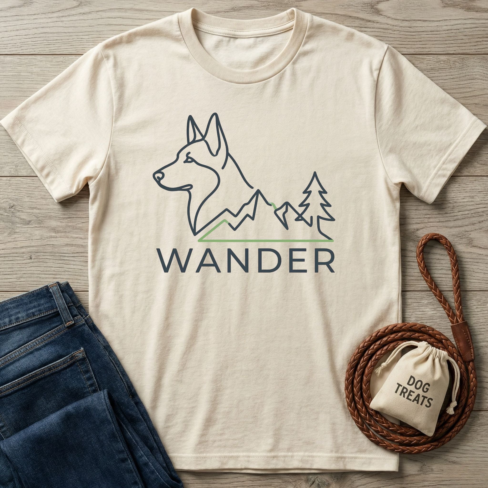 Natural-colored Gildan Softstyle® t-shirt with a "Wander" dog and mountain graphic, next to jeans and dog treats.