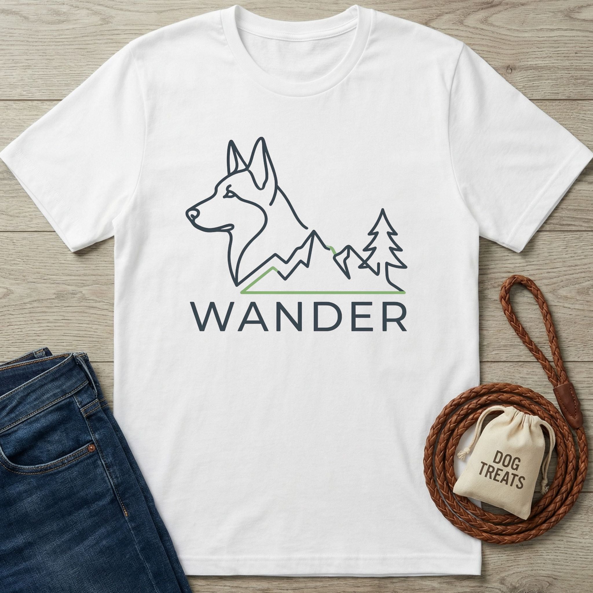White Gildan Softstyle® t-shirt with a black and green "WANDER" dog and mountain graphic, next to jeans and a leash.