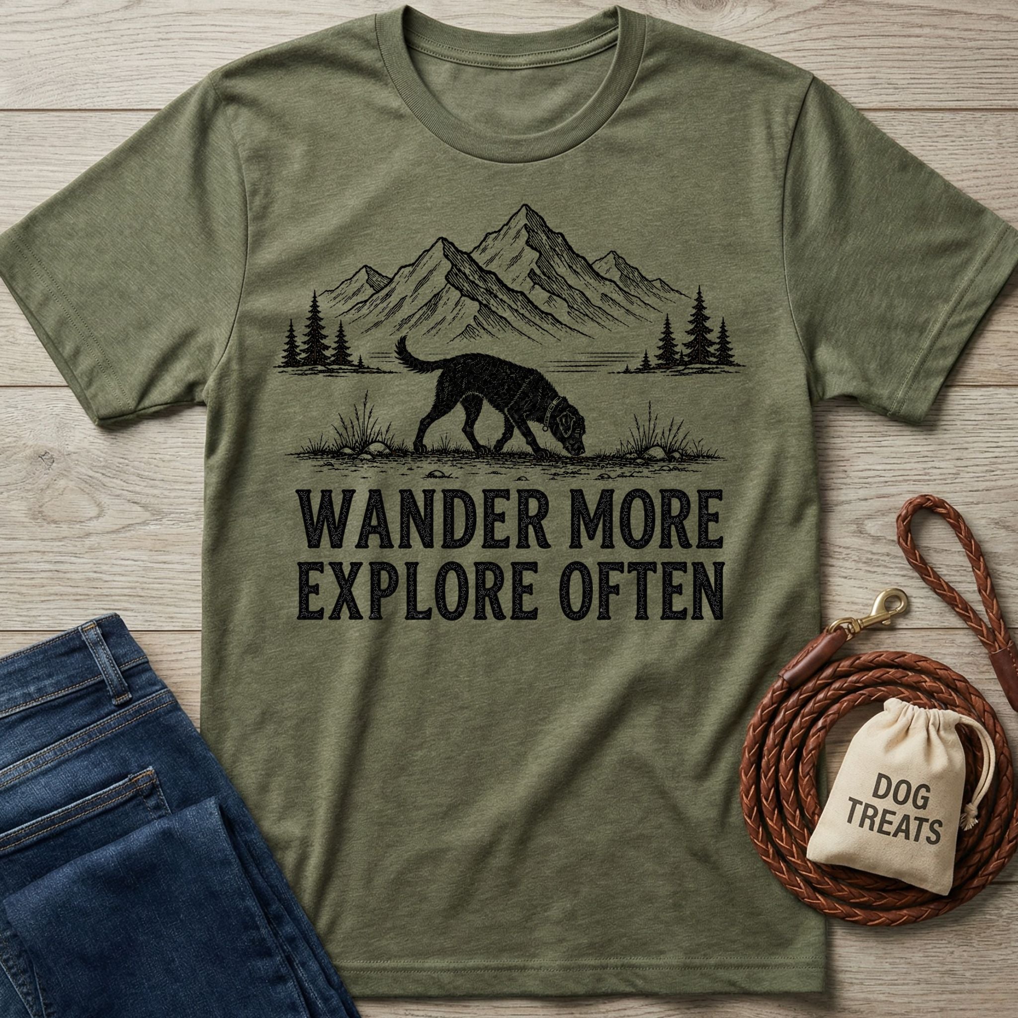 Olive green crewneck t-shirt featuring a black mountain and dog graphic with the text Wander More Explore Often.