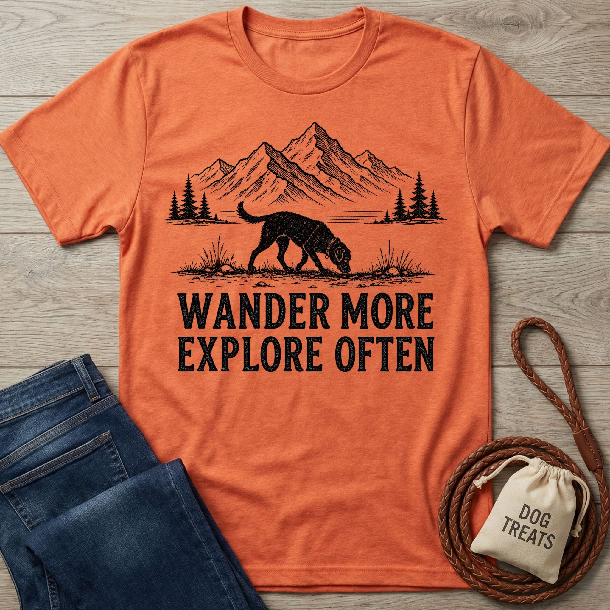 Burnt orange crewneck t-shirt featuring a black graphic of a dog hiking in front of mountains with the text Wander More.
