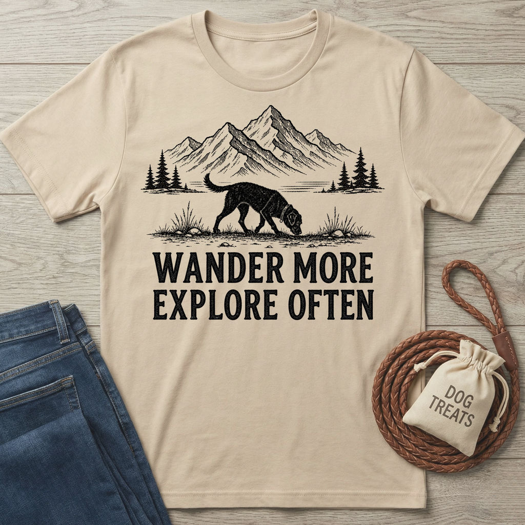 Beige cotton t-shirt featuring a black graphic of a dog exploring mountains with the text Wander More Explore Often.