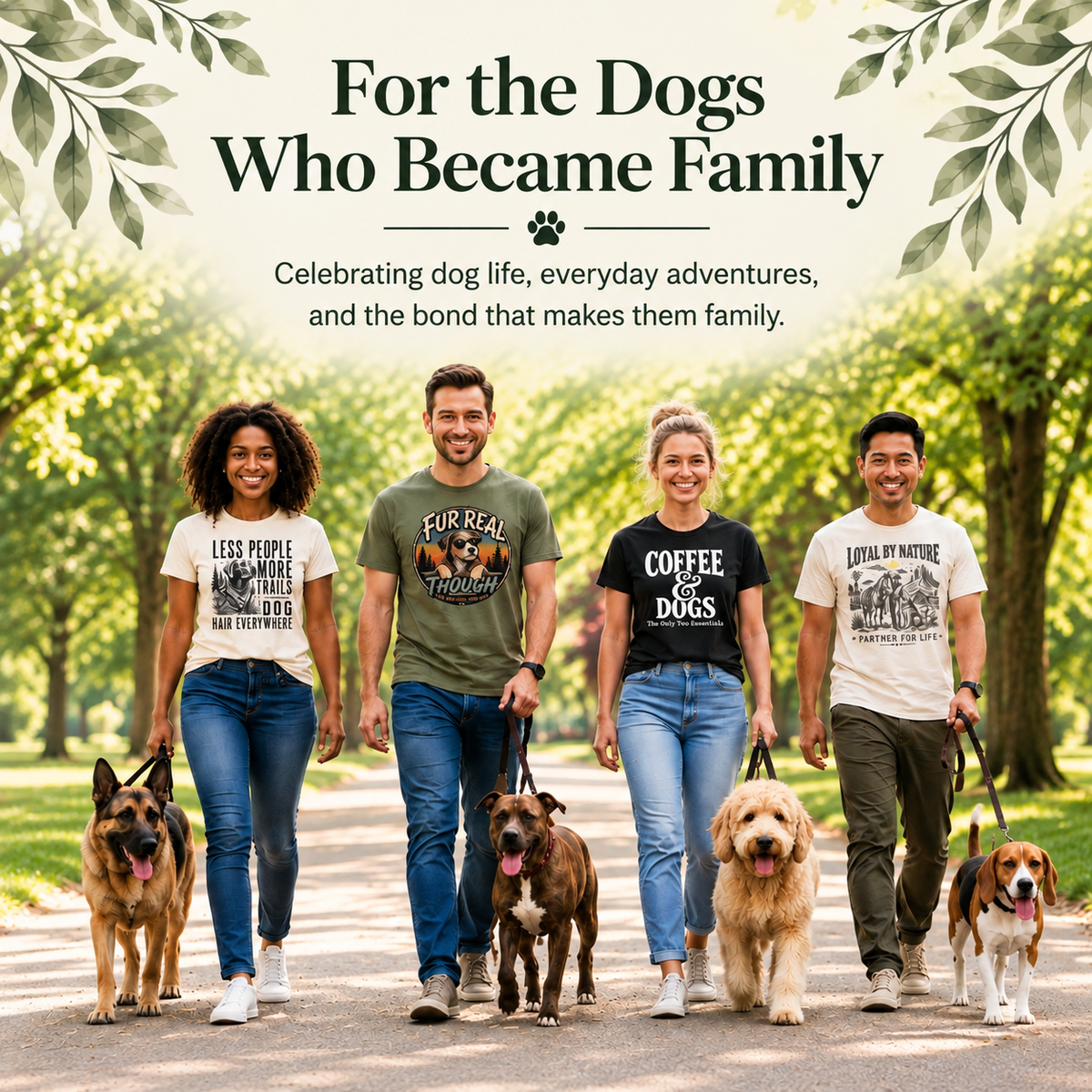 Four people walking hand in hand with five dogs on a tree-lined path, wearing dog-themed graphic t-shirts. The top of the image features the text 'For the Dogs Who Became Family' with decorative leaf borders.